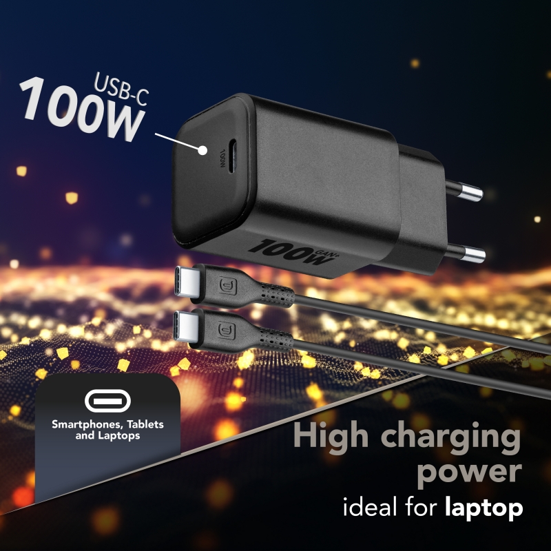 Cellularline Kit ACH 100W Chargeur mural 100W avec un port USB‑C et câble USB‑C de 2 mètres inclus. Compatible avec