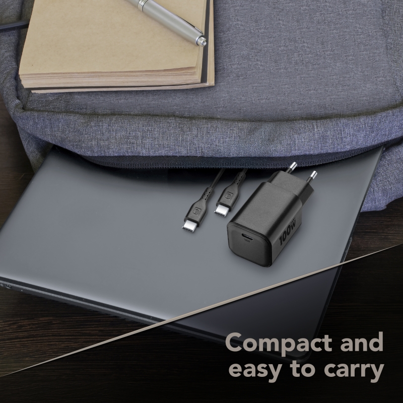 Cellularline Kit ACH 100W Caricabatterie da rete 100W con una porta USB-C e cavo USB-C da 2 metri incluso. Compatibile con