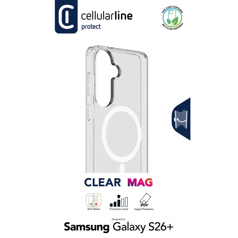 Cellularline Clear Mag - Galaxy S26+ Coque transparente ultra résistante avec bord en caoutchouc, compatible avec l’écosystème