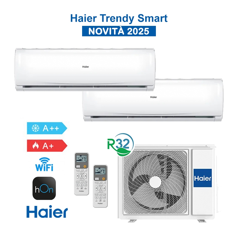 Haier H2U14TAAOUT + 2x HAS09TABIN Set Condizionatore Climatizzatore DualSplit Trendy 2025 WiFi 9+9 Btu 4Kw A++/A+ Inverter R32