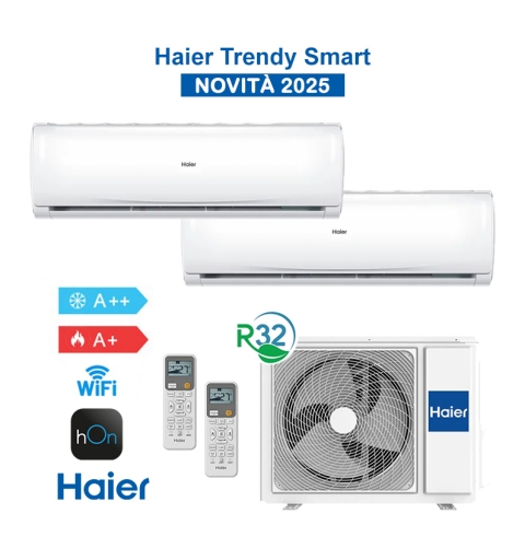 Haier H2U14TAAOUT + 2x HAS09TABIN Set Condizionatore Climatizzatore DualSplit Trendy 2025 WiFi 9+9 Btu 4Kw A++/A+ Inverter R32