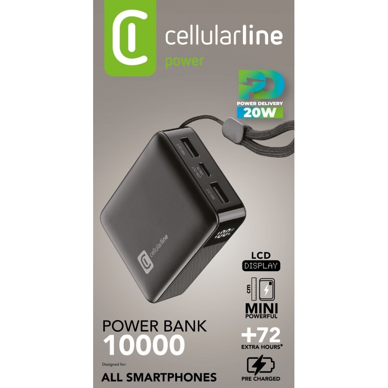 Cellularline Power Bank 10.000 Power bank da 10.000 mAh dal design ultra-compatto, dotato di display LCD per il controllo