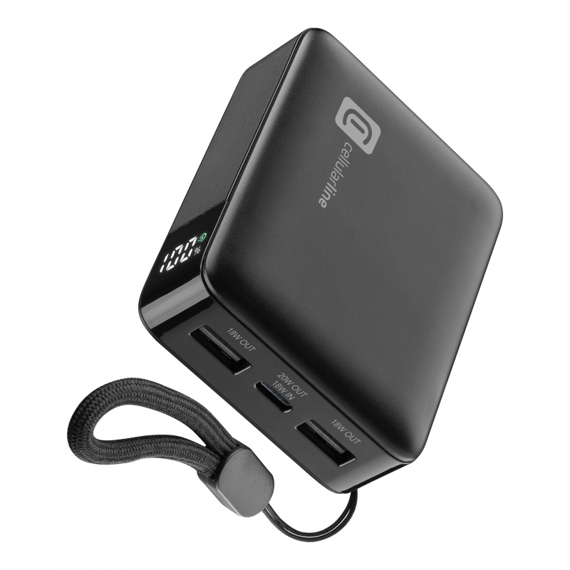 Cellularline Power Bank 10.000 Power bank da 10.000 mAh dal design ultra-compatto, dotato di display LCD per il controllo