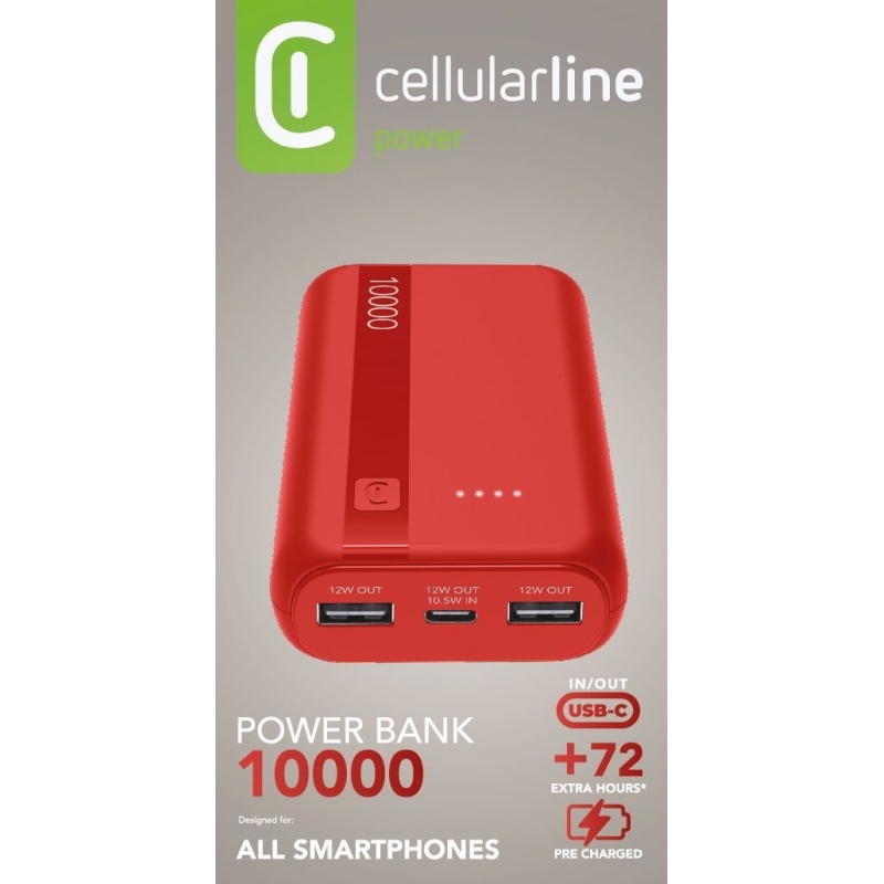 Cellularline Power Bank Essential 10.000 Power bank da 10.000 mAh con batteria agli ioni di litio, dotato di porta USB-C