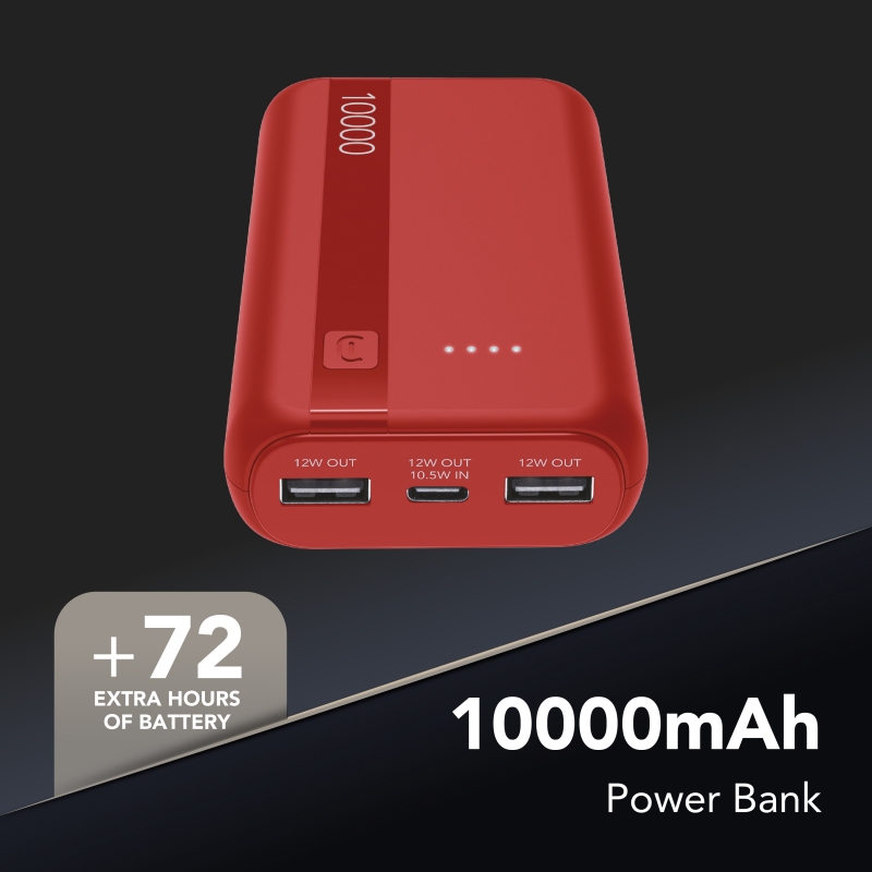 Cellularline Power Bank Essential 10.000 10,000 mAh power bank with lithium-ion battery, USB-C in out port, two USB-A ports and