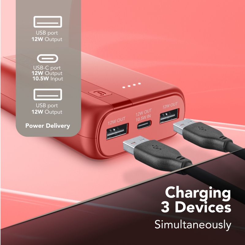 Cellularline Power Bank Essential 10.000 Batería externa de 10.000 mAh con batería de iones de litio, puerto USB-C in out, dos