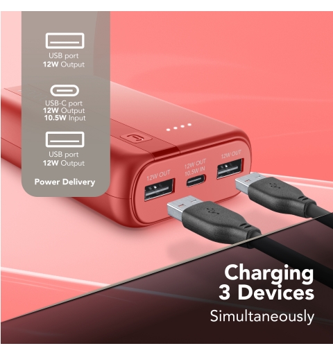 Cellularline Power Bank Essential 10.000 10,000 mAh power bank with lithium-ion battery, USB-C in out port, two USB-A ports and