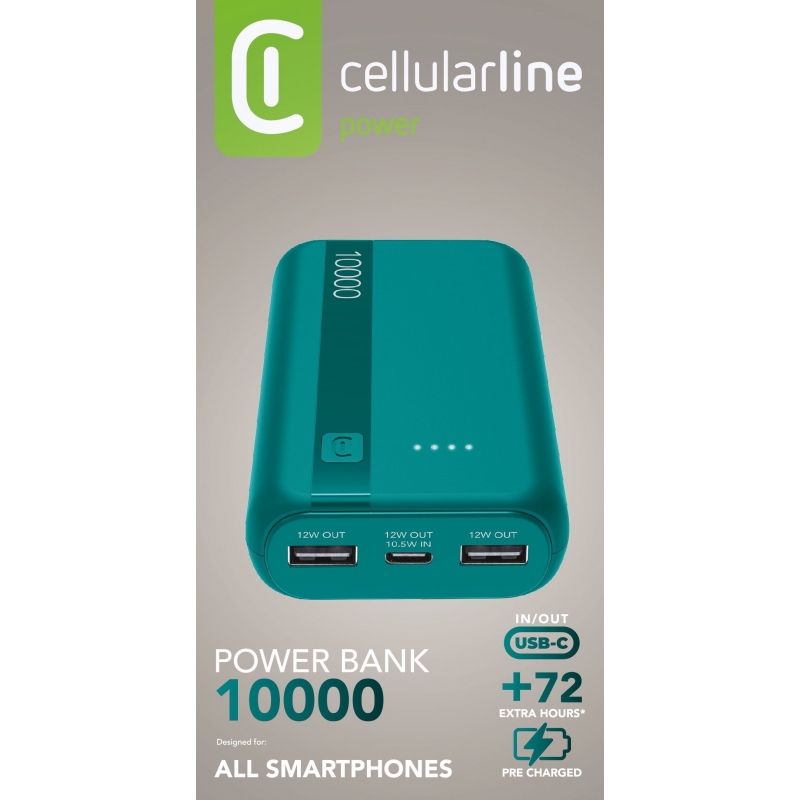 Cellularline Power Bank Essential 10.000 Batterie externe de 10 000 mAh avec batterie lithium-ion, port USB-C in out, deux