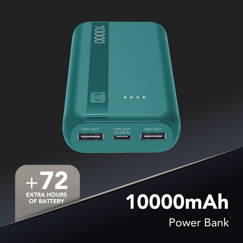 Cellularline Power Bank Essential 10.000 10.000 mAh Powerbank mit Lithium-Ionen-Akku, USB-C In Out-Port, zwei USB-A-Anschlüssen