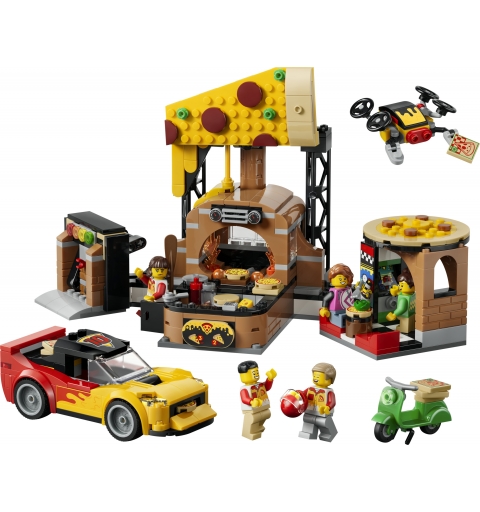 LEGO City 60496 Centro di Consegna Pizze con Veicoli, con Macchina Giocattolo, Scooter, Drone e Cabinato Arcade, Regalo da 6+