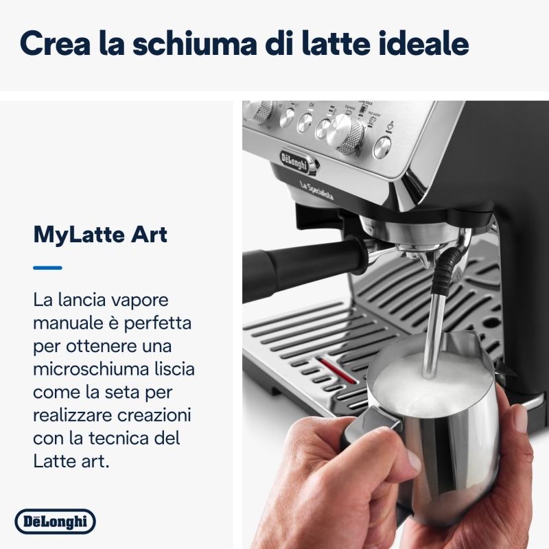 De’Longhi Dedica Arte La Specialista Arte - Macchina per Caffè in chicchi Manuale, Montalatte manuale, 1400W, Metal Black