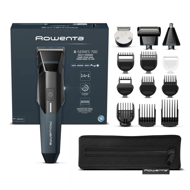 Rowenta X Series 700 Regolabarba Multifunzione 14-in-1 da Uomo, Lame Autoaffilanti in Acciaio Inox ad Alto Tenore di Carbonio,