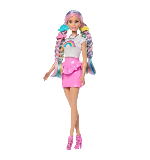 Barbie Regenbogen Glitzerhaar Modepuppe mit besonders langen Haaren und 12 Styling-Zubehörteilen