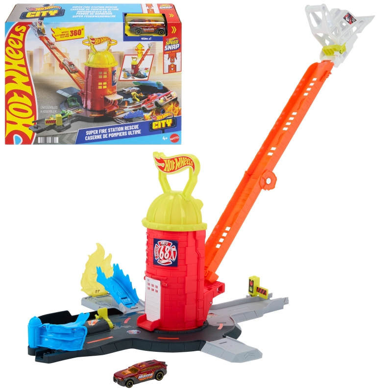 Hot Wheels City -Spielset „Super-Feuerwehrwache“ und Spielzeugauto im Maßstab 1 64, Strecke auf über 40 cm verlängerbar
