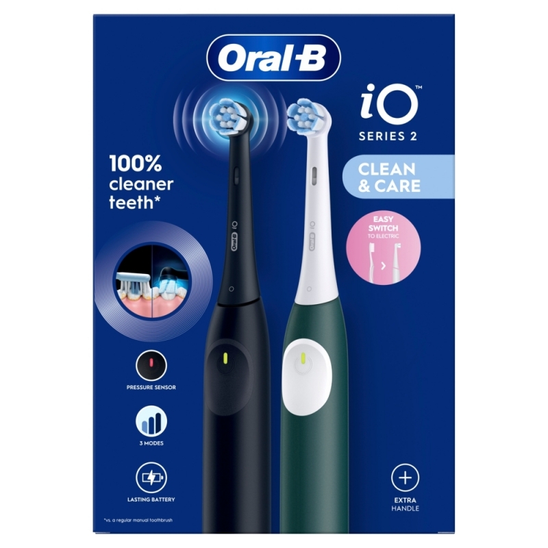 Oral-B iO 2 Spazzolino Elettrico Oral B, Nero e Verde, 1 Testina Di Ricambio, 2 Spazzolini, Delicato sulle Gengive, Efficace