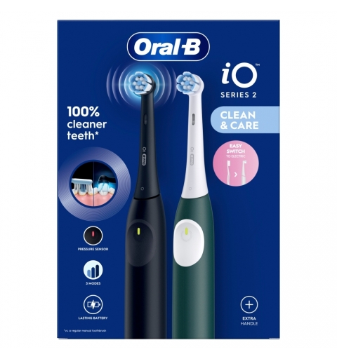 Oral-B iO 2 Spazzolino Elettrico Oral B, Nero e Verde, 1 Testina Di Ricambio, 2 Spazzolini, Delicato sulle Gengive, Efficace