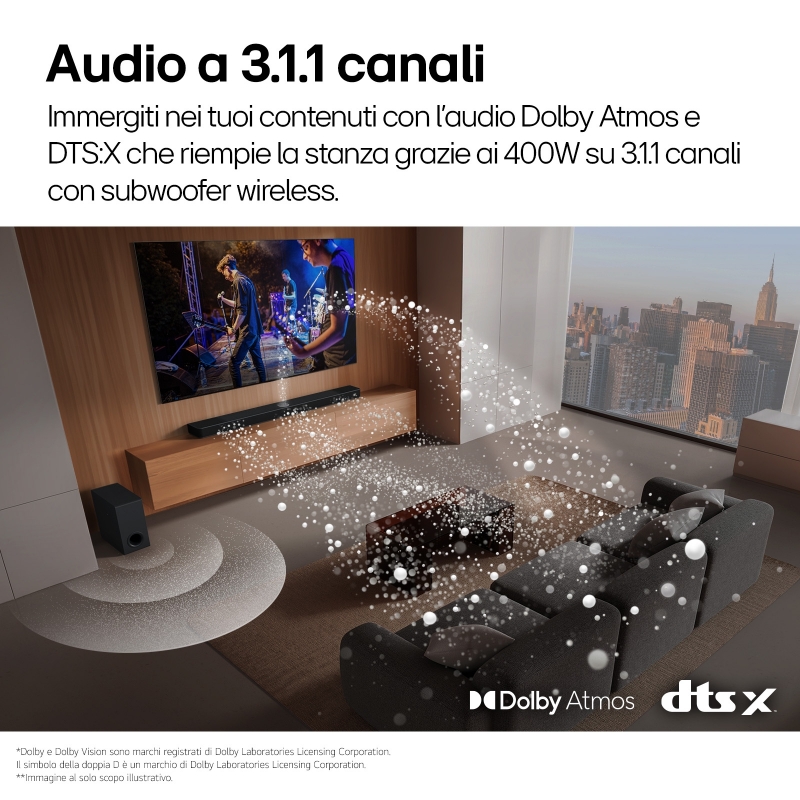 LG Soundbar S70TY, 400W su 3.1.1 canali, Dolby Atmos, DTS X, Speaker centrale up-firing