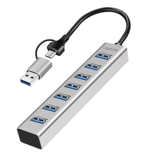 LogiLink USB 3.0 Hub, 4x USB-A, 5 Gbit s, 2-in-1 Anschlusskabel, Silber