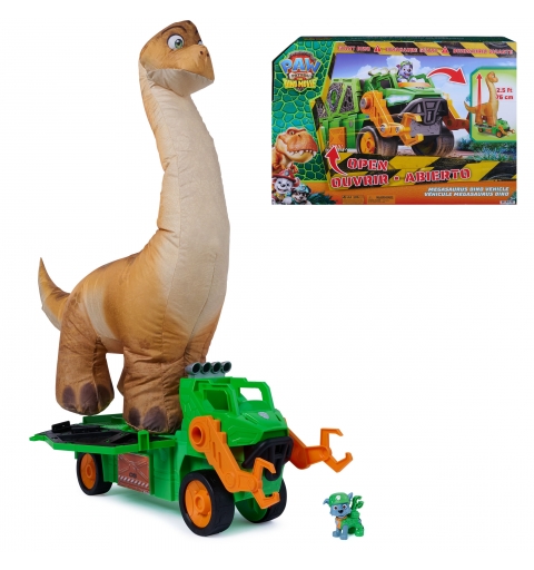 PAW Patrol The Dino Movie, vehículo de dinosaurio Megasaurus con dinosaurio inflable de 76,2 cm y figura de acción de Rocky,