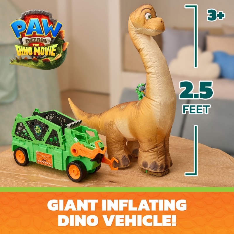PAW Patrol The Dino Movie, Megasaurus Dino Vehicle with 2.5 Ft Inflatable Dinosaur Toy and Rocky Action Figure, Preschool