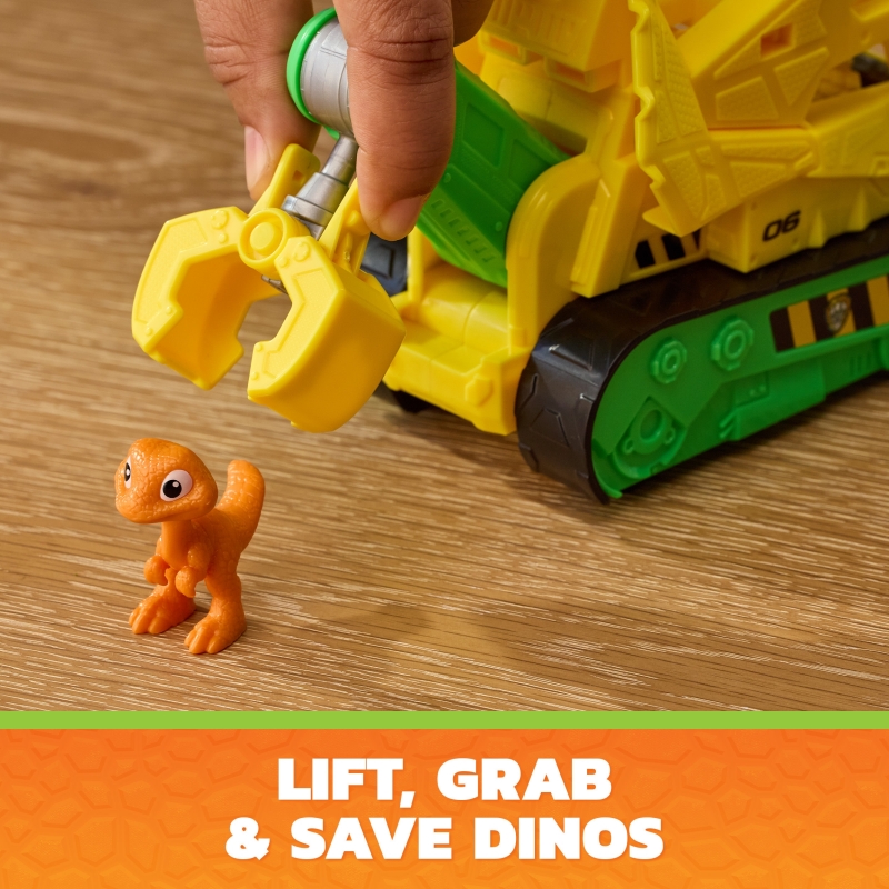 PAW Patrol The Dino Movie, Rubble Dino Rescue Bulldozer with Chomping Action and Articulated Claw, 2 Action Figures & Vehicle,