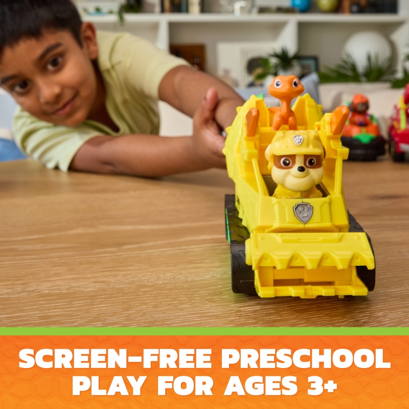 PAW Patrol Missione Dinosauri, Rubble Dino Rescue Bulldozer con Azione Triturante e Tenaglia Articolata, 2 Personaggi e un