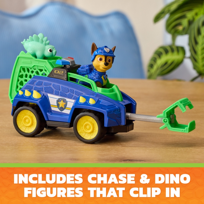 PAW Patrol Missione Dinosauri, Veicolo di Chase Dino Rescue con Tenaglia e 2 Personaggi, Giocattoli per Bambine e Bambini, 3+