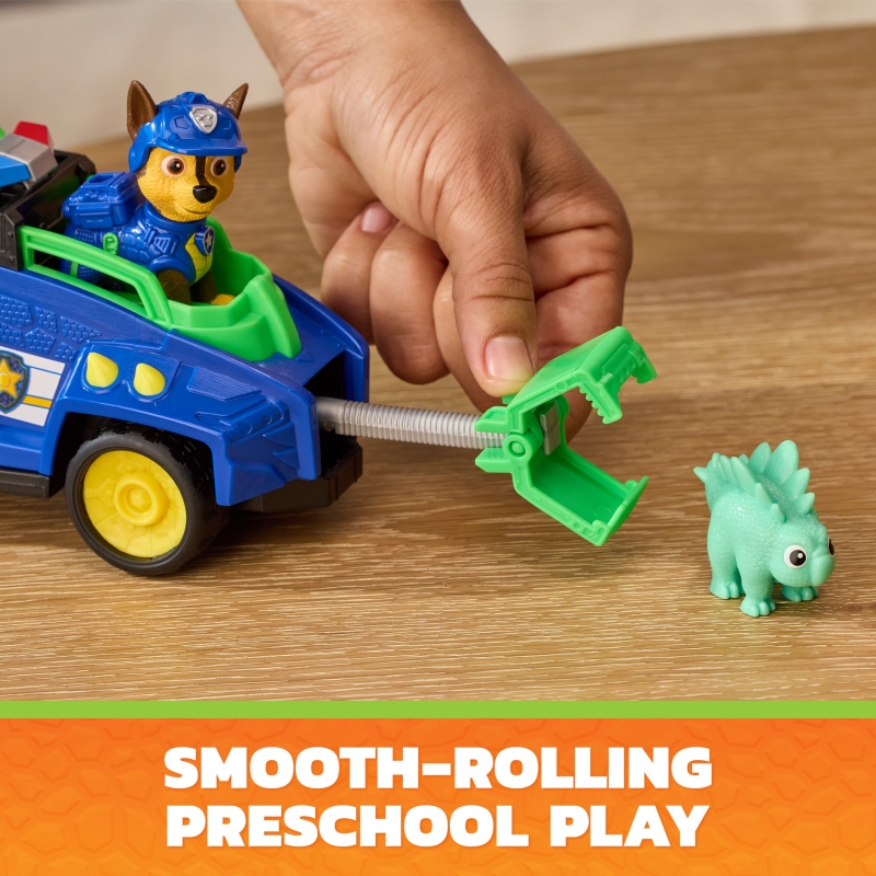 PAW Patrol The Dino Movie, Dino Rescue Cruiser de Chase con gancho con resorte y 2 figuras de acción, juguetes para niños y
