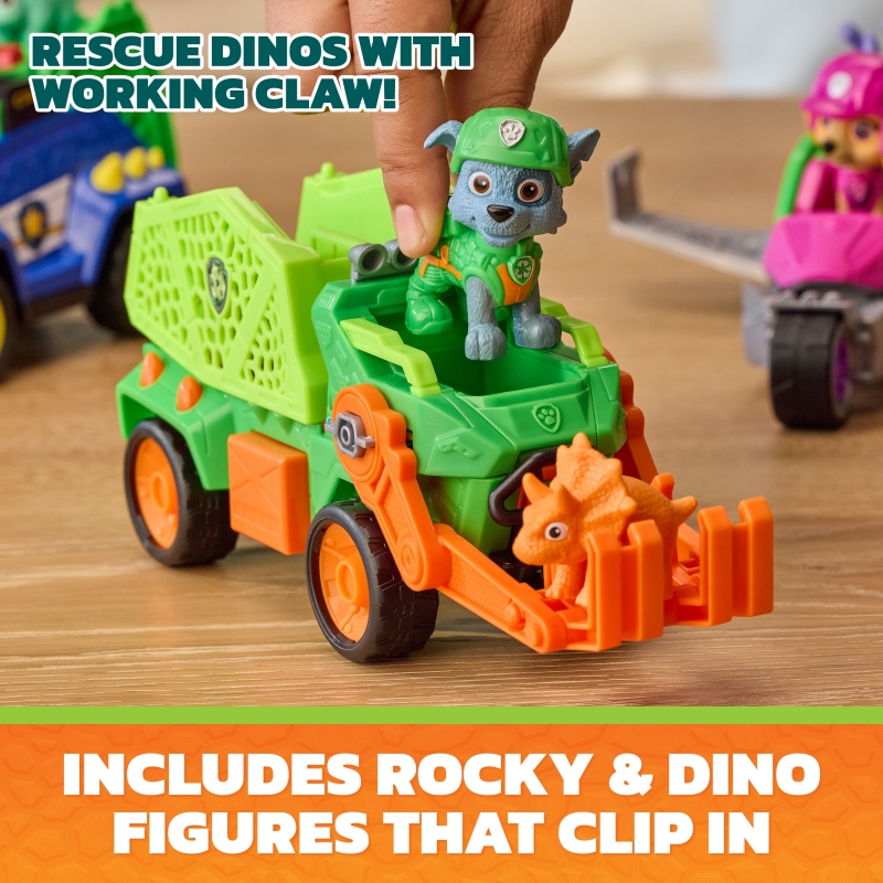 PAW Patrol The Dino Movie, Rocky Dino Rescue Recycler with Secret Compartment and Working Claw, 2 Action Figures & Vehicle,