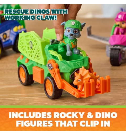 PAW Patrol The Dino Movie, Rocky Dino Rescue Recycler with Secret Compartment and Working Claw, 2 Action Figures & Vehicle,