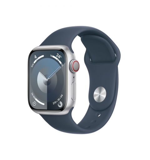 Apple Watch Series 9 GPS + Cellular Cassa 41mm in Alluminio Argento con Cinturino Sport Blu Tempesta - S M