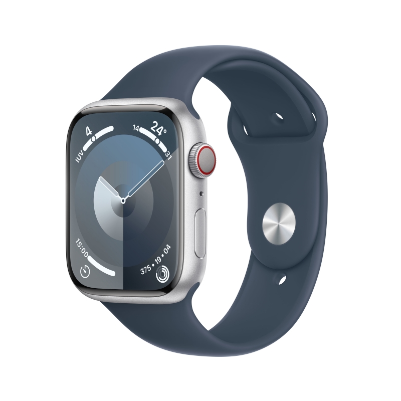 Apple Watch Series 9 GPS + Cellular Cassa 45mm in Alluminio Argento con Cinturino Sport Blu Tempesta - S M