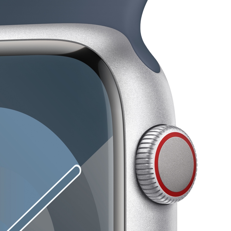 Apple Watch Series 9 GPS + Cellular Cassa 45mm in Alluminio Argento con Cinturino Sport Blu Tempesta - S M