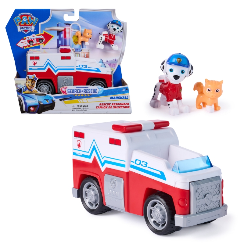 PAW Patrol Search & Rescue, Marshall Rescue Responder Vehicle with 2 Figures, Toy Truck with Pull-Back Action, Kids Toys for