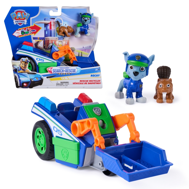 PAW Patrol Search & Rescue, Veicolo per la Raccolta Differenziata di Salvataggio di Rocky con 2 Personaggi, Macchinina