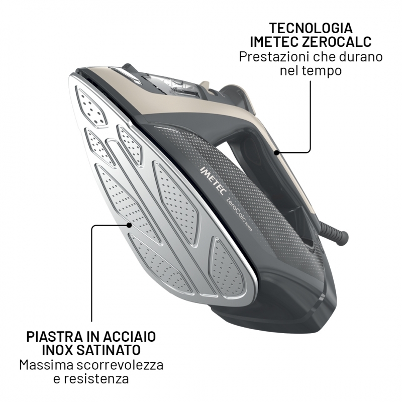 Imetec ZeroCalc Power - Ferro da Stiro da 2600W con Colpo di Vapore 220g,Piastra in Acciaio Satinato, Sistema Anticalcare,