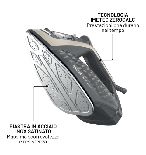 Imetec ZeroCalc Power - Ferro da Stiro da 2600W con Colpo di Vapore 220g,Piastra in Acciaio Satinato, Sistema Anticalcare,