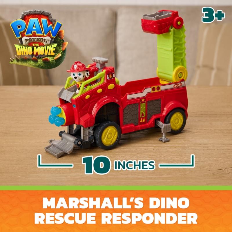 PAW Patrol The Dino Movie, Dino Rescue Responder, camion dei pompieri di oltre 25,4 cm con action figure di Marshall e 3