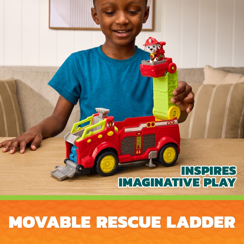 PAW Patrol The Dino Movie, Dino Rescue Responder, camion dei pompieri di oltre 25,4 cm con action figure di Marshall e 3