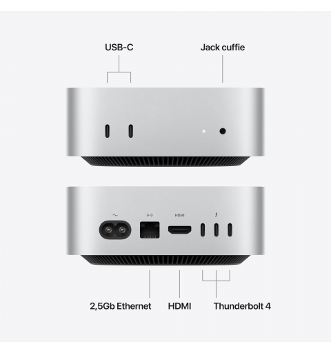 Apple Mac mini Chip M6 con cpu 12 core e gpu 12 core, 256GB SSD - Argento