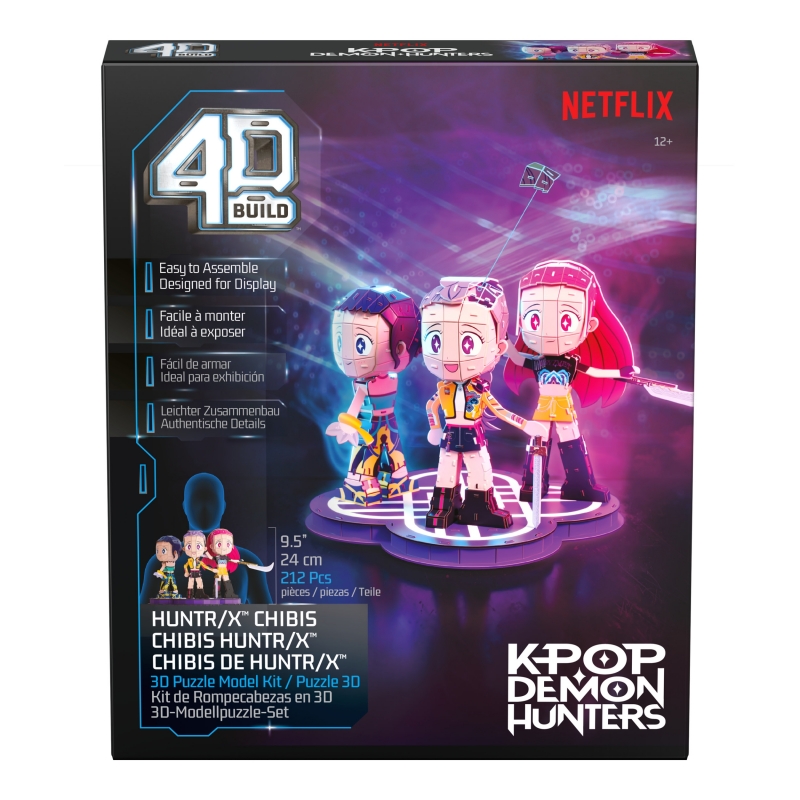 4D Build , rompecabezas en 3D de KPop Demon Hunters HUNTR X chibi, Rumi, Zoey y Mira con logotipo de HUNTR X, kit de maqueta