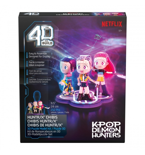 4D Build , rompecabezas en 3D de KPop Demon Hunters HUNTR X chibi, Rumi, Zoey y Mira con logotipo de HUNTR X, kit de maqueta