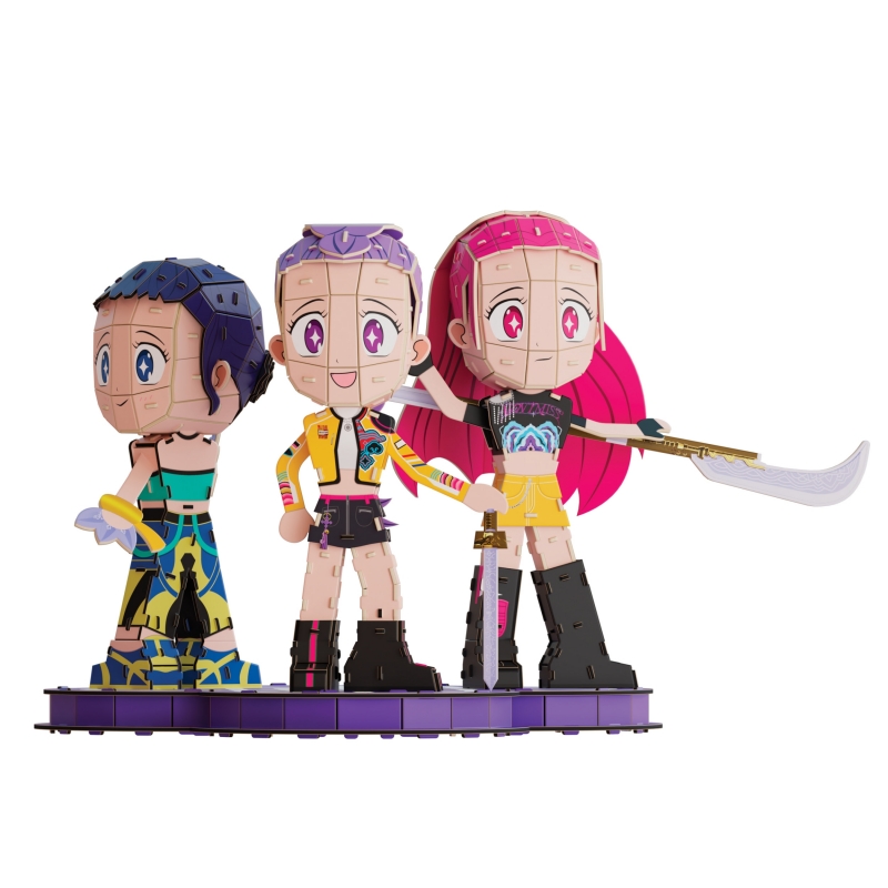 4D Build , rompecabezas en 3D de KPop Demon Hunters HUNTR X chibi, Rumi, Zoey y Mira con logotipo de HUNTR X, kit de maqueta