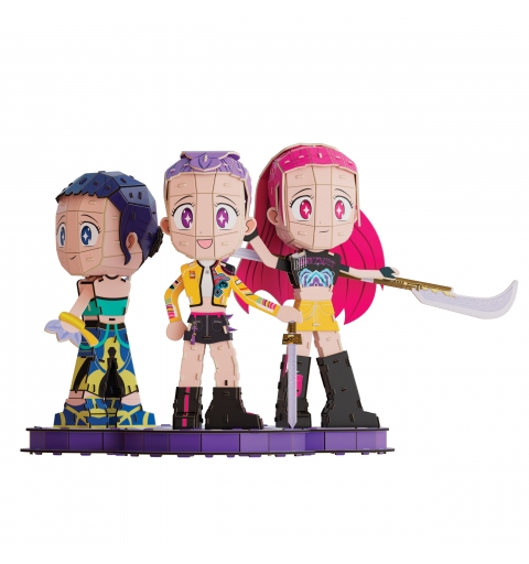 4D Build , rompecabezas en 3D de KPop Demon Hunters HUNTR X chibi, Rumi, Zoey y Mira con logotipo de HUNTR X, kit de maqueta