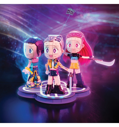 4D Build , rompecabezas en 3D de KPop Demon Hunters HUNTR X chibi, Rumi, Zoey y Mira con logotipo de HUNTR X, kit de maqueta