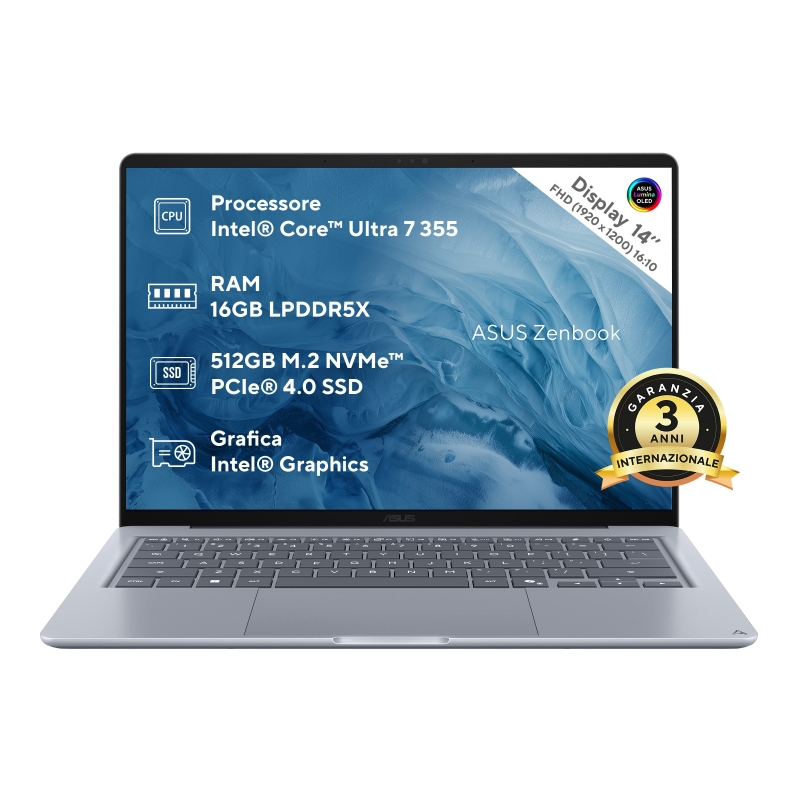 ASUS Zenbook 14 UX3480AA-U1006W Copilot+ PC Intel Core Ultra 7 355 Ordinateur portable 35,6 cm (14") WUXGA 16 Go LPDDR5x-SDRAM