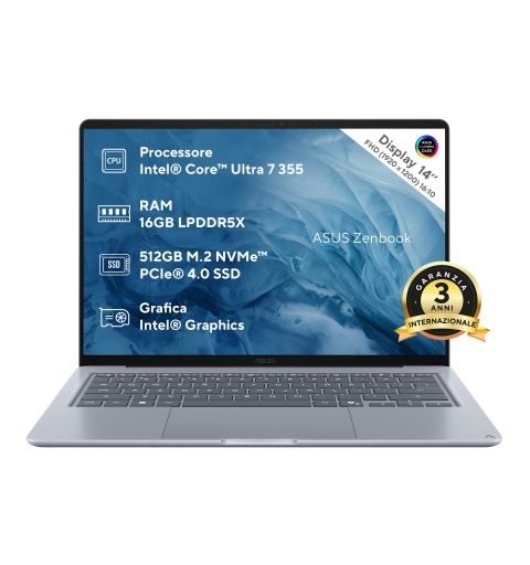 ASUS Zenbook 14 UX3480AA-U1006W Copilot+ PC Intel Core Ultra 7 355 Laptop 35,6 cm (14") WUXGA 16 GB LPDDR5x-SDRAM 512 GB SSD