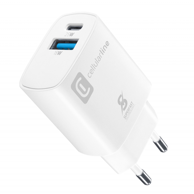 Cellularline ACHSM2USBPD25WSMLW Caricabatterie per dispositivi mobili Smartphone, Universale Bianco AC Ricarica rapida Interno