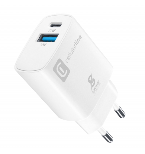 Cellularline ACHSM2USBPD25WSMLW chargeur d'appareils mobiles Smartphone, Universel Blanc Secteur Charge rapide Intérieure