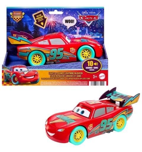 Disney Pixar Cars Vehículo grande de Rayo McQueen con luces y sonidos de la serie Carrera de celebración de Cars de Disney y